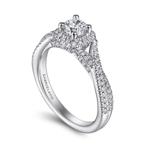 14K White Gold Round Halo Complete Diamond Engagement Ring