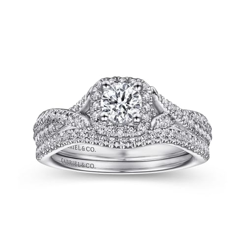 14K White Gold Round Halo Complete Diamond Engagement Ring