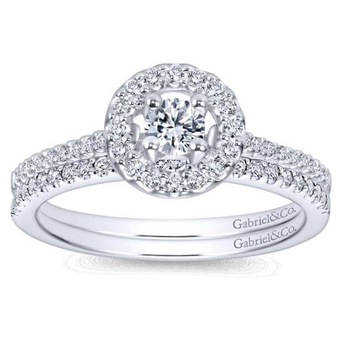 14K White Gold Round Halo Complete Diamond Engagement Ring