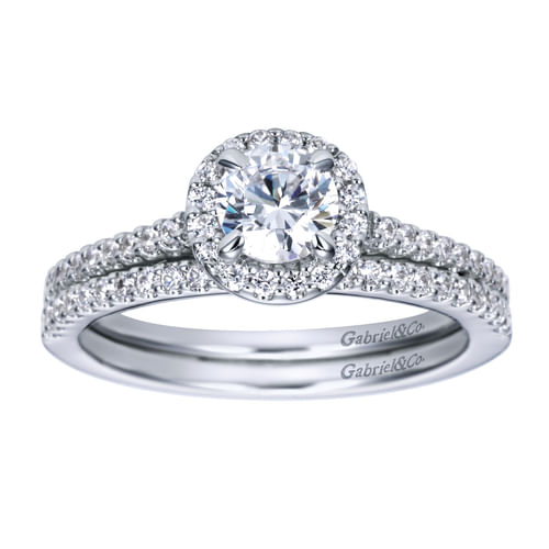 14K White Gold Round Halo Complete Diamond Engagement Ring