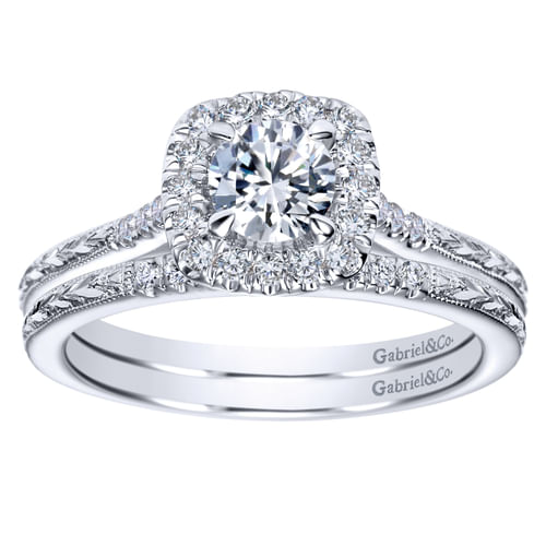 14K White Gold Round Halo Complete Diamond Engagement Ring
