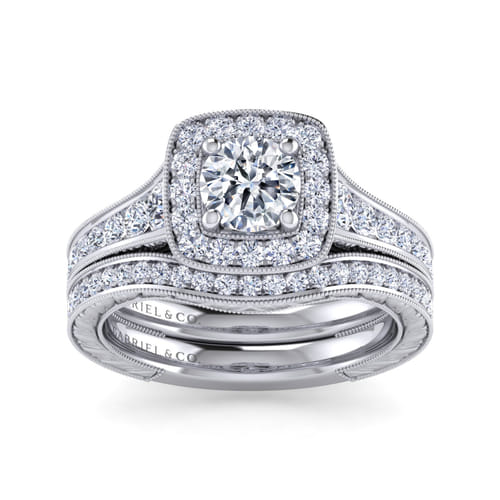 14K White Gold Round Halo Diamond Channel Set Engagement Ring