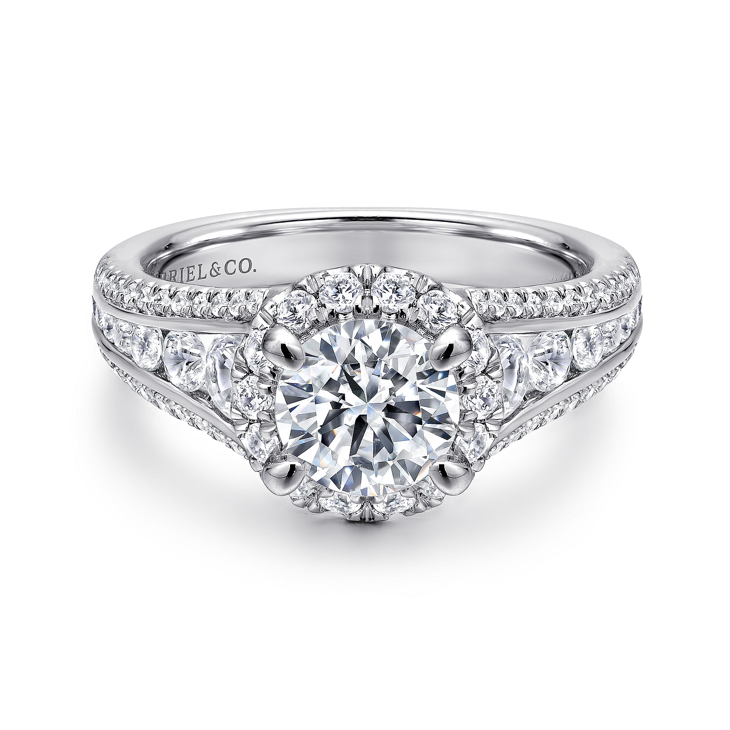 Gabriel - 14K White Gold Round Halo Diamond Channel Set Engagement Ring