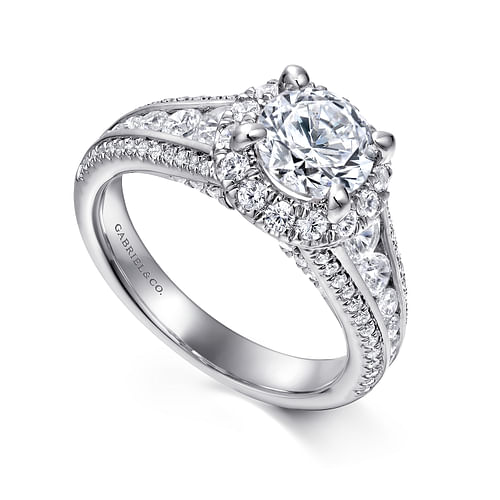 14K White Gold Round Halo Diamond Channel Set Engagement Ring