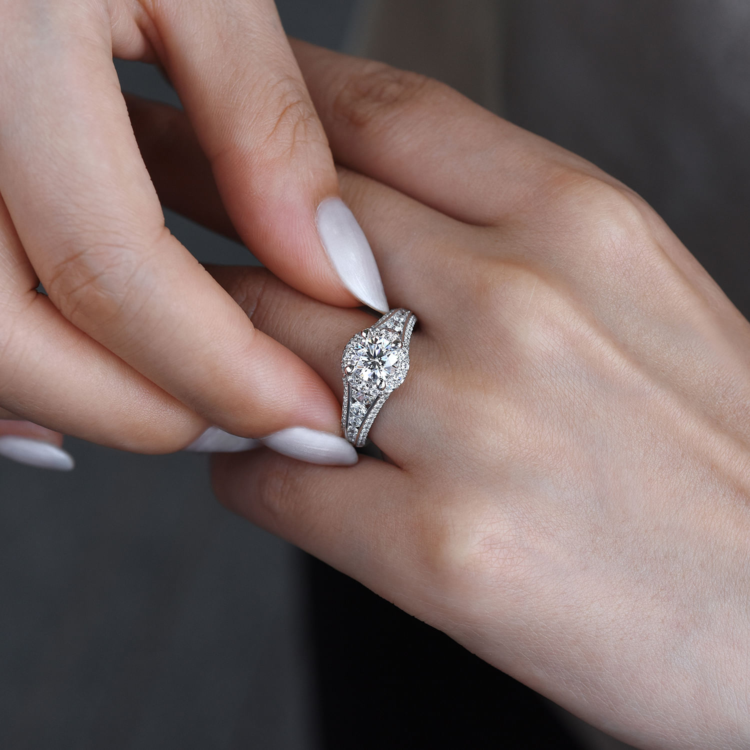 14K White Gold Round Halo Diamond Channel Set Engagement Ring
