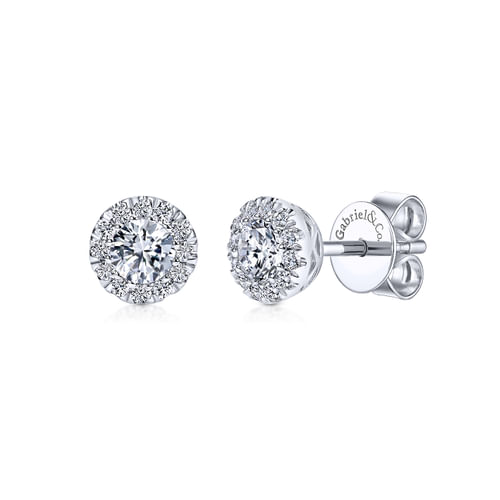 14K White Gold Round Halo Diamond Stud Earrings