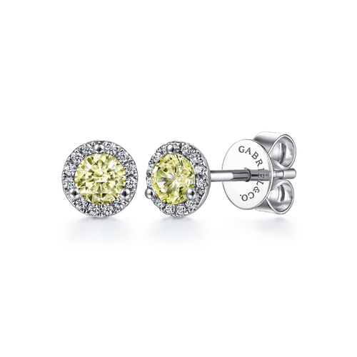 14K White Gold Round Halo Lemon Quartz and Diamond Stud Earrings