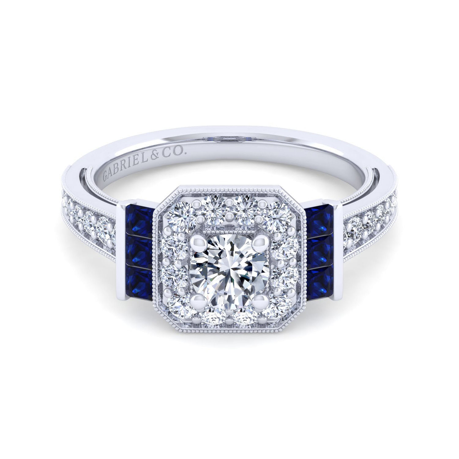 Gabriel - 14K White Gold Round Halo Sapphire and Diamond Channel Set Engagement Ring