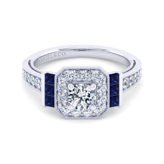 Gabriel - 14K White Gold Round Halo Sapphire and Diamond Channel Set Engagement Ring