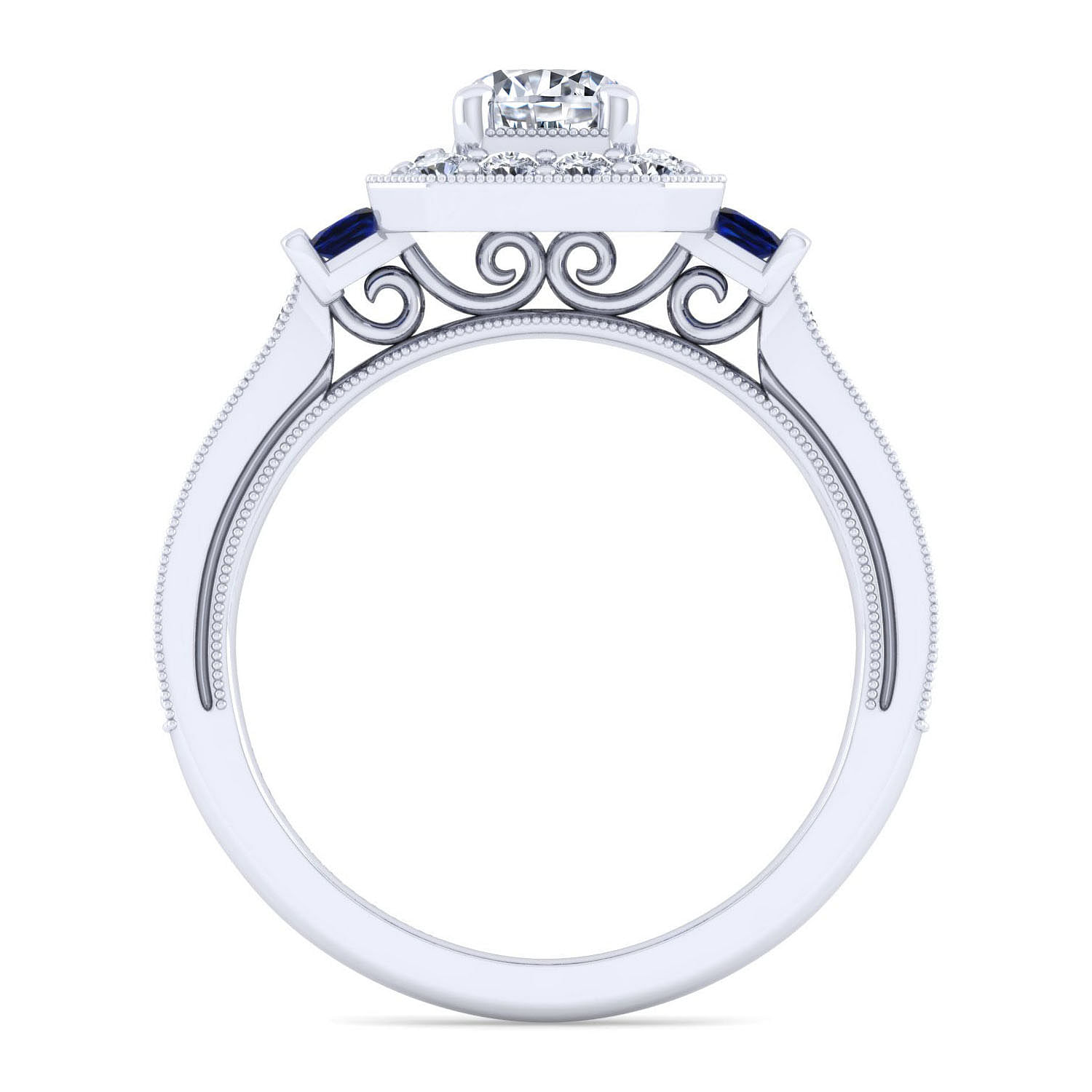 14K White Gold Round Halo Sapphire and Diamond Channel Set Engagement Ring
