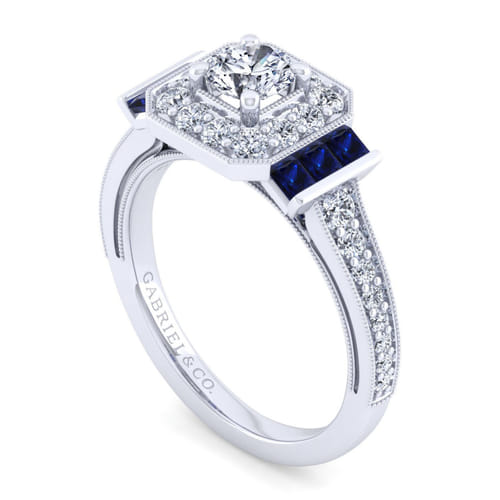 14K White Gold Round Halo Sapphire and Diamond Channel Set Engagement Ring