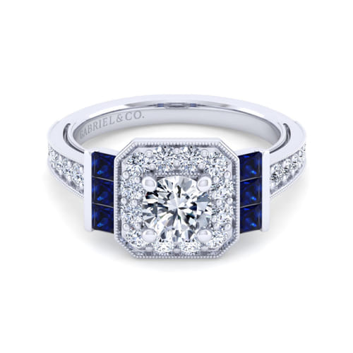 14K White Gold Round Halo Sapphire and Diamond Channel Set Engagement Ring