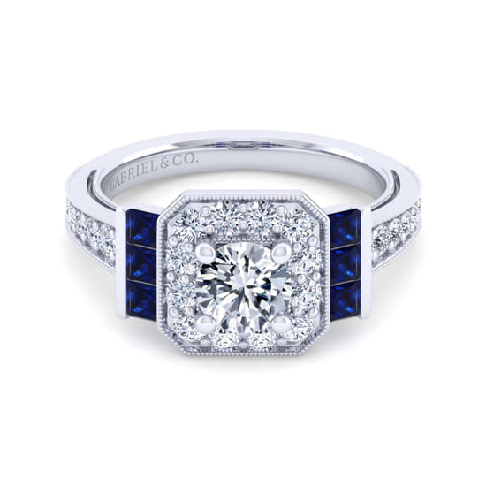 Gabriel - 14K White Gold Round Halo Sapphire and Diamond Channel Set Engagement Ring