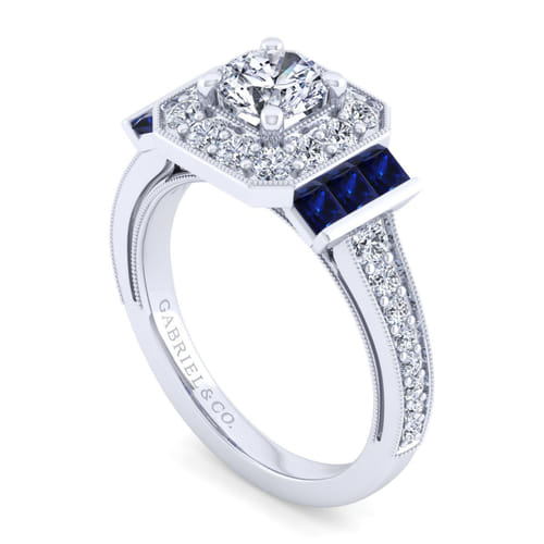 14K White Gold Round Halo Sapphire and Diamond Channel Set Engagement Ring