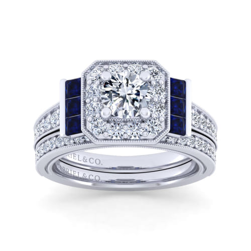 14K White Gold Round Halo Sapphire and Diamond Channel Set Engagement Ring