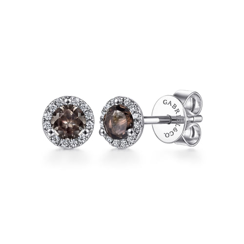 14K White Gold Round Halo Smoky Quartz and Diamond Stud Earrings
