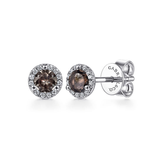 Gabriel - 14K White Gold Round Halo Smoky Quartz and Diamond Stud Earrings
