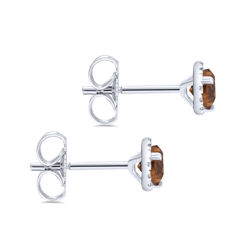14K White Gold Round Halo Smoky Quartz and Diamond Stud Earrings