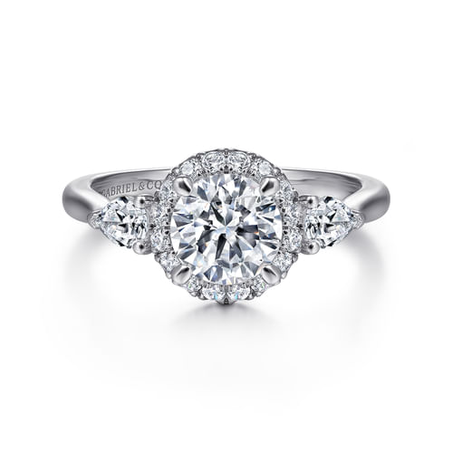 14K White Gold Round Halo Three Stone Diamond Engagement Ring