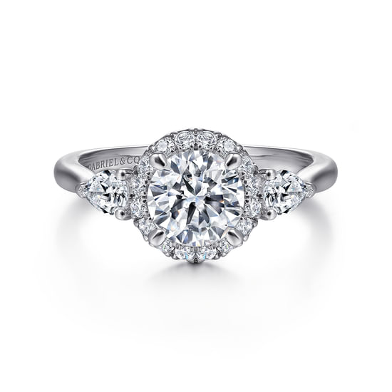 Gabriel - 14K White Gold Round Halo Three Stone Diamond Engagement Ring