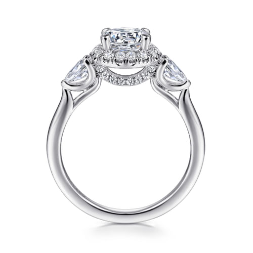 14K White Gold Round Halo Three Stone Diamond Engagement Ring