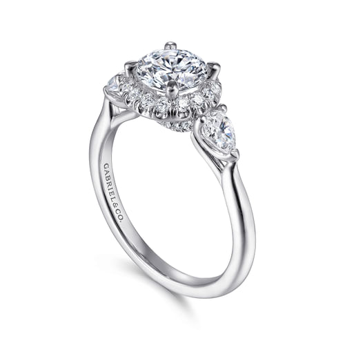 14K White Gold Round Halo Three Stone Diamond Engagement Ring