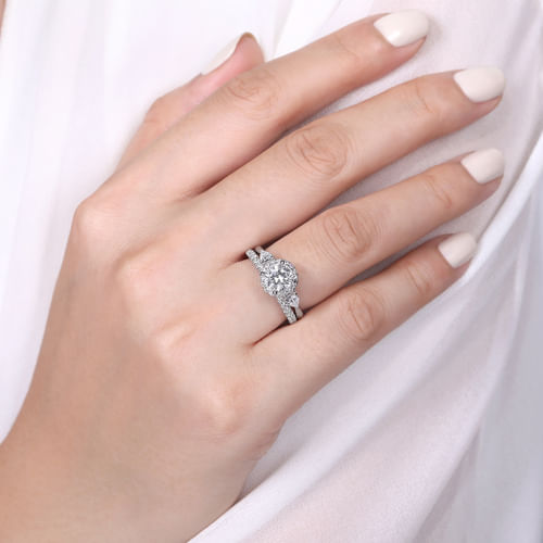 14K White Gold Round Halo Three Stone Diamond Engagement Ring