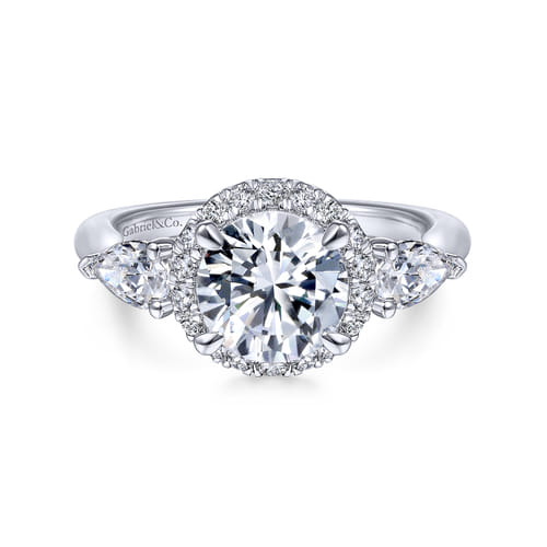 14K White Gold Round Halo Three Stone Diamond Engagement Ring