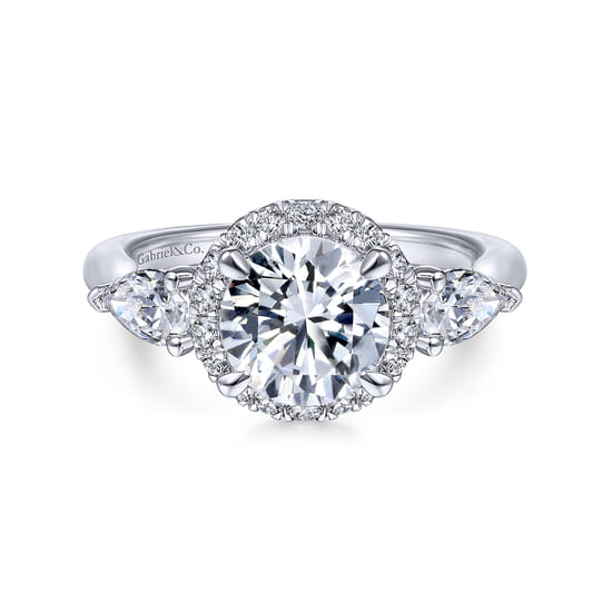 Gabriel - 14K White Gold Round Halo Three Stone Diamond Engagement Ring