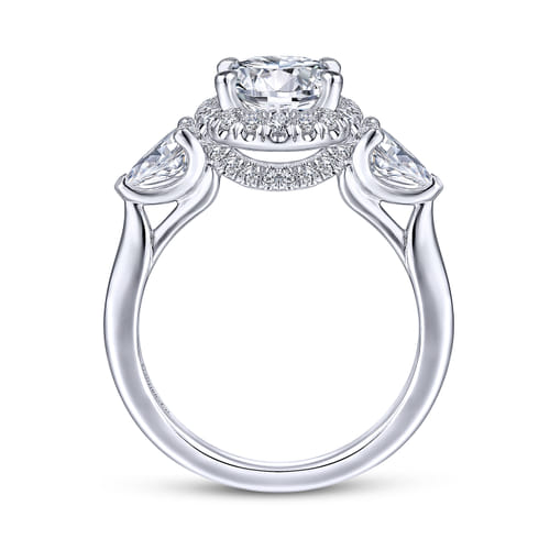 14K White Gold Round Halo Three Stone Diamond Engagement Ring