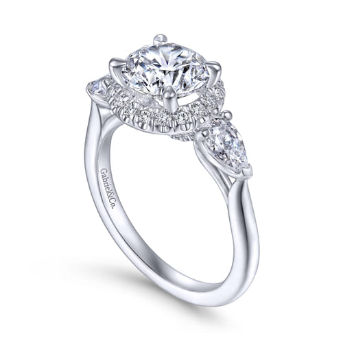 14K White Gold Round Halo Three Stone Diamond Engagement Ring