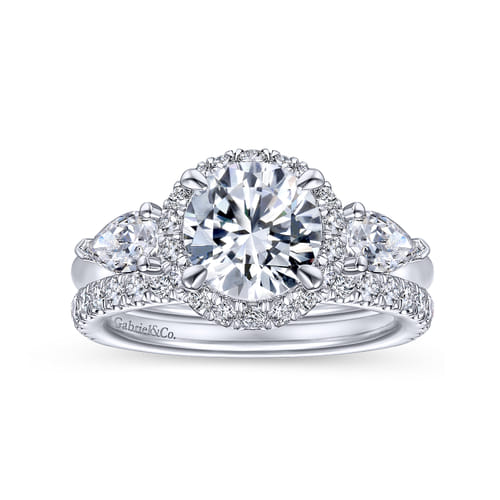 14K White Gold Round Halo Three Stone Diamond Engagement Ring