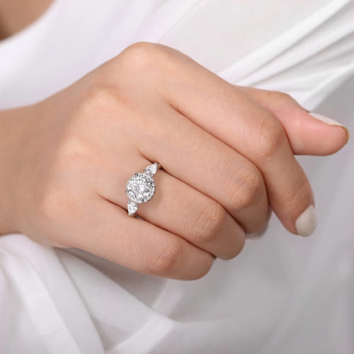 14K White Gold Round Halo Three Stone Diamond Engagement Ring