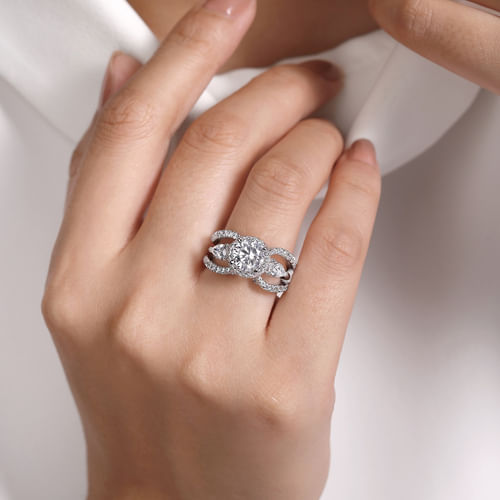 14K White Gold Round Halo Three Stone Diamond Engagement Ring