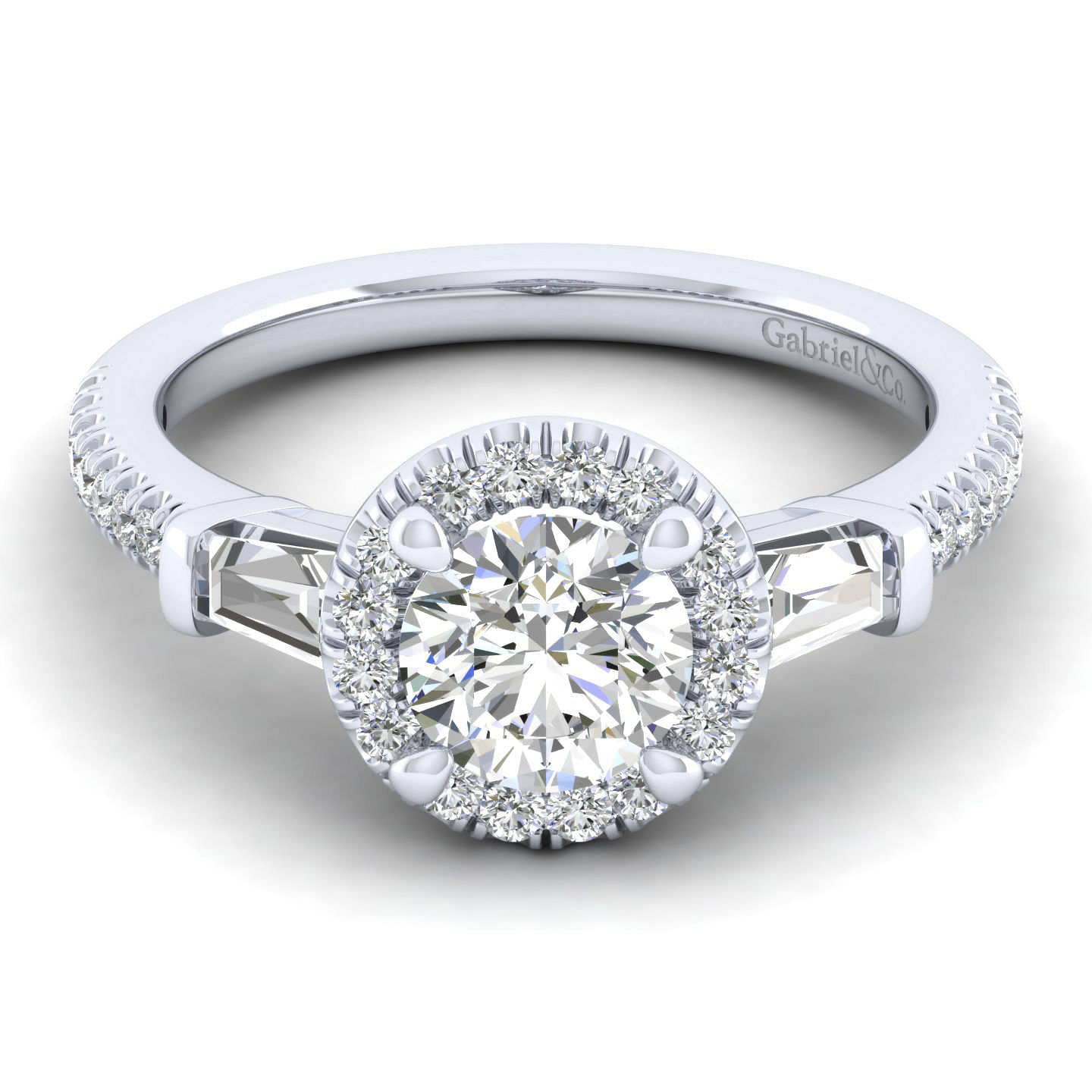 14K White Gold Round Halo Three Stone Halo Diamond Channel Set Engagement Ring