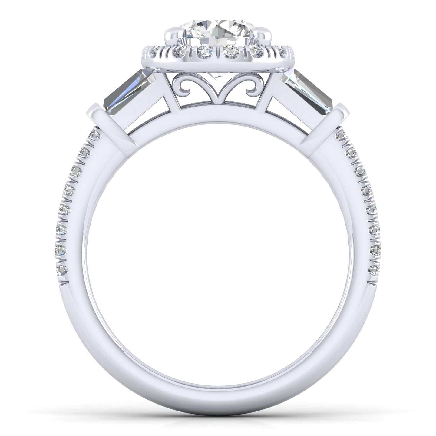 14K White Gold Round Halo Three Stone Halo Diamond Channel Set Engagement Ring
