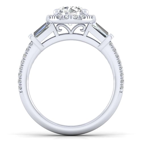 14K White Gold Round Halo Three Stone Halo Diamond Channel Set Engagement Ring