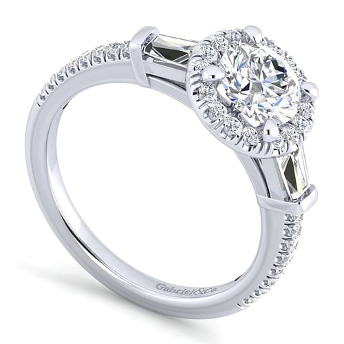14K White Gold Round Halo Three Stone Halo Diamond Channel Set Engagement Ring