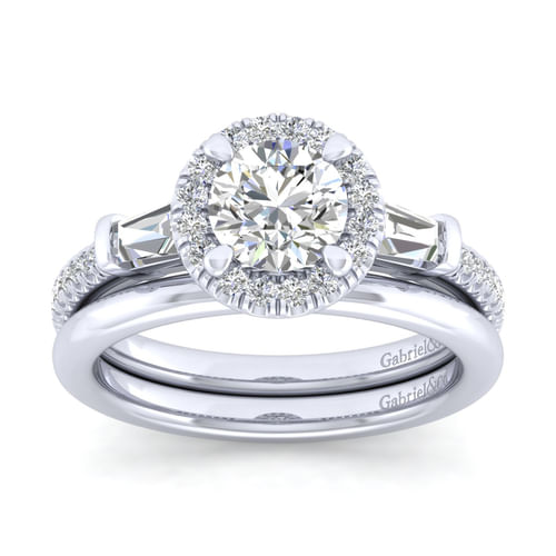 14K White Gold Round Halo Three Stone Halo Diamond Channel Set Engagement Ring