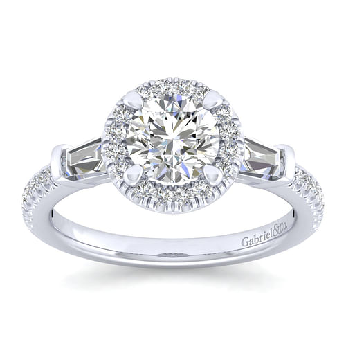 14K White Gold Round Halo Three Stone Halo Diamond Channel Set Engagement Ring
