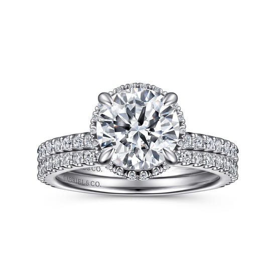 14K White Gold Round Hidden Halo Diamond Engagement Ring angle 4