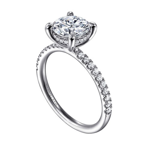 14K White Gold Round Hidden Halo Diamond and Engagement Ring