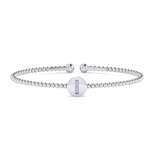 14K White Gold Round I Initial Diamond Bujukan Cuff Bracelet