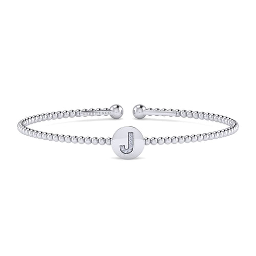 14K White Gold Round J Initial Diamond Bujukan Cuff Bracelet