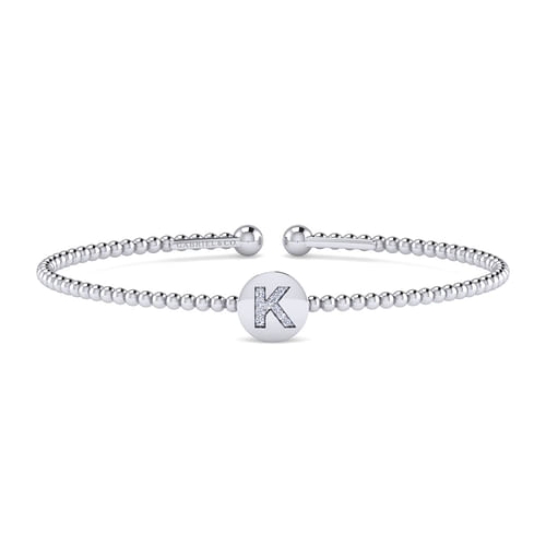 14K White Gold Round K Initial Diamond Bujukan Cuff Bracelet