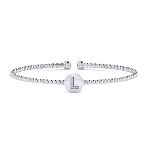 14K White Gold Round L Initial Diamond Bujukan Cuff Bracelet