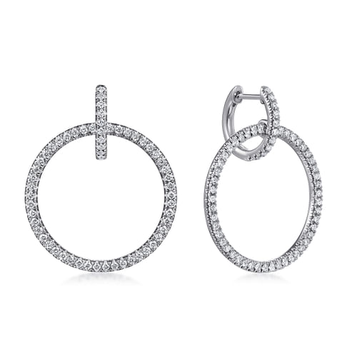14K White Gold Round Linked Pavé 30mm Diamond Huggie Drop Earrings