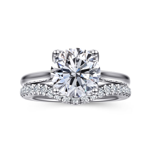 14K White Gold Round Lotus Diamond Engagement Ring