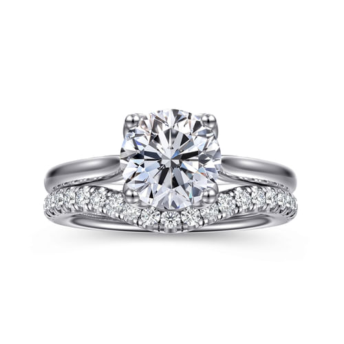 14K White Gold Round Lotus Diamond Engagement Ring
