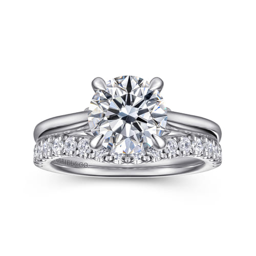 14K White Gold Round Lotus Diamond Engagement Ring